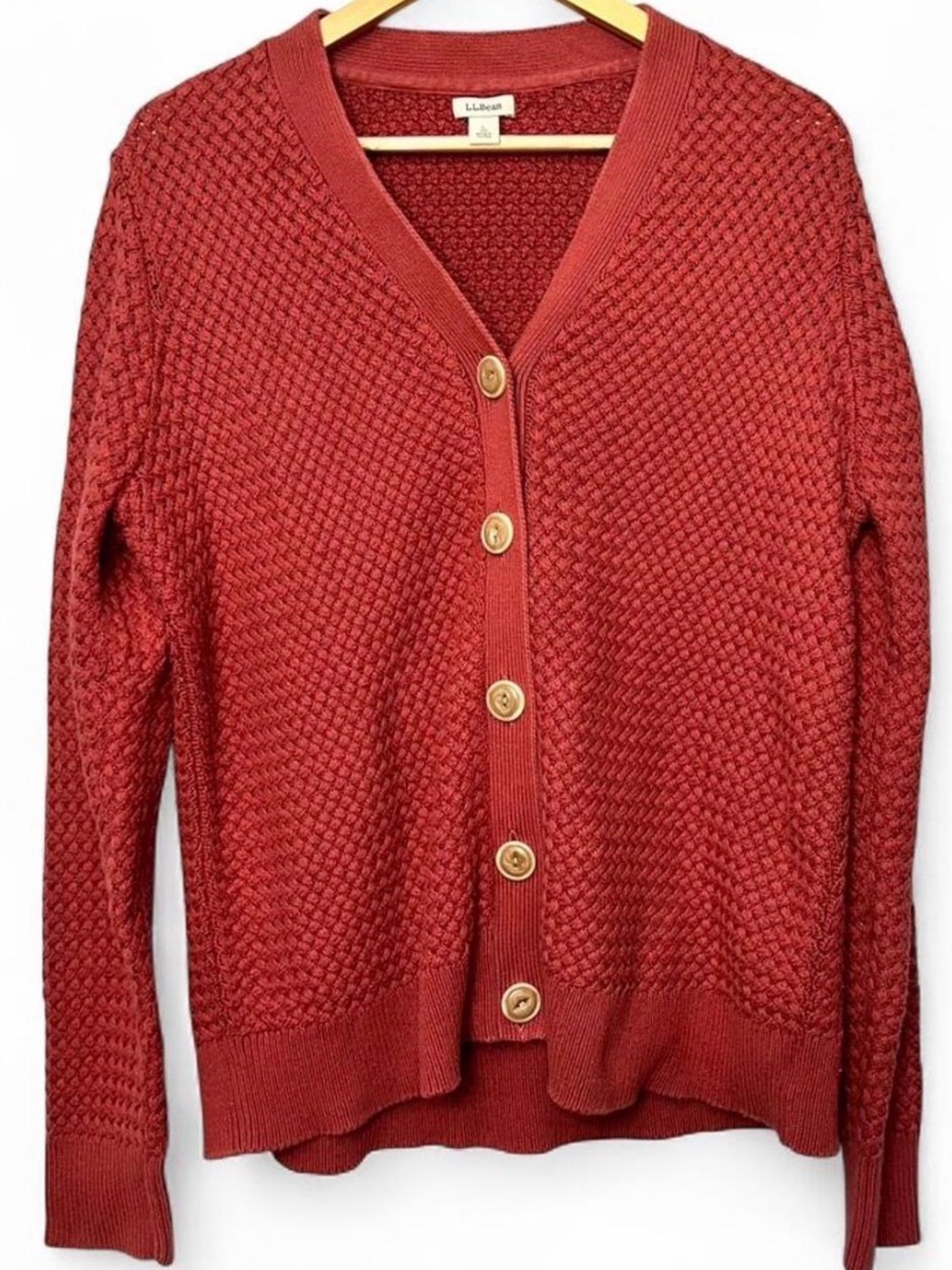 LL Bean 100% Cotton Chunky Textured Knit Cardigan Sweater Red Large V-Neck